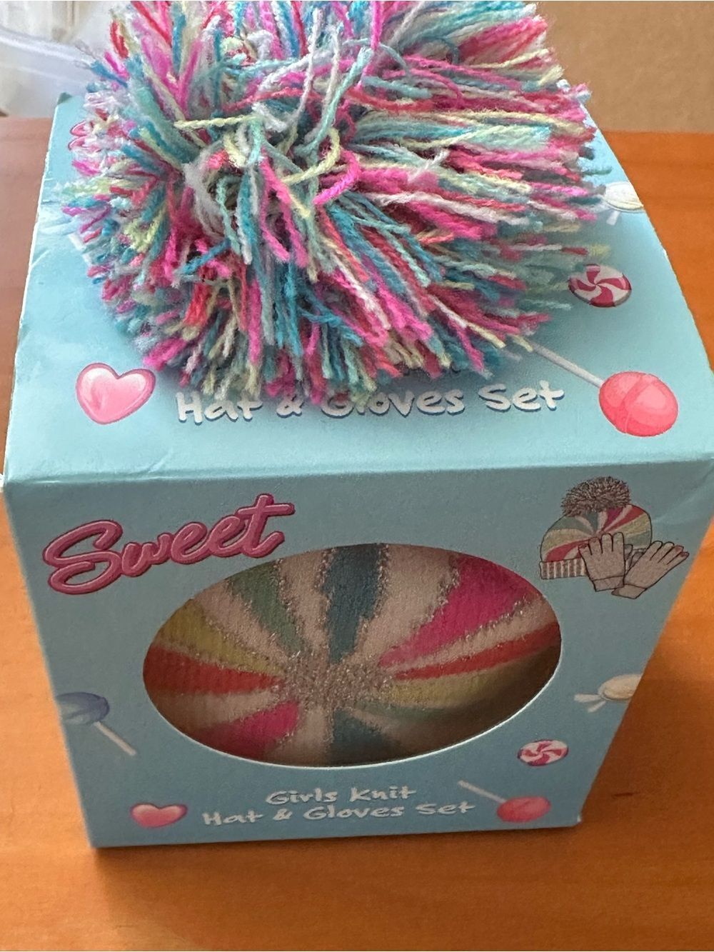 Sweet Girls Knit Hat & Gloves Set - Multicolor Pom Pom